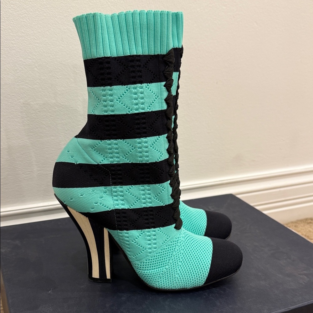 Fendi Runway Knit Sock Boots Turquoise Black Striped Heels 37
Worn once